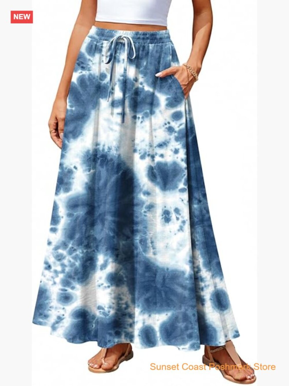 Flowy Maxi Skirt with Pockets Elastic Waist Boho Pleated Casual